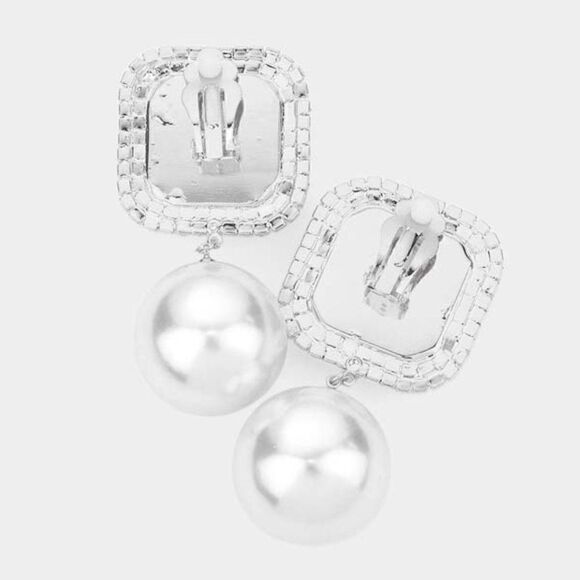 Square Aurora Borealis Stone Pearl Silver Clip on Earrings - Picture 2 of 5